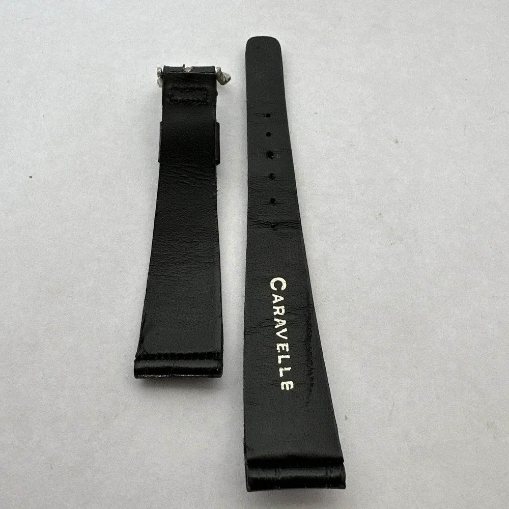 Caravelle Black Leather Watch Strap 18mm Croc Embossed Silver Horseshoe Buckle